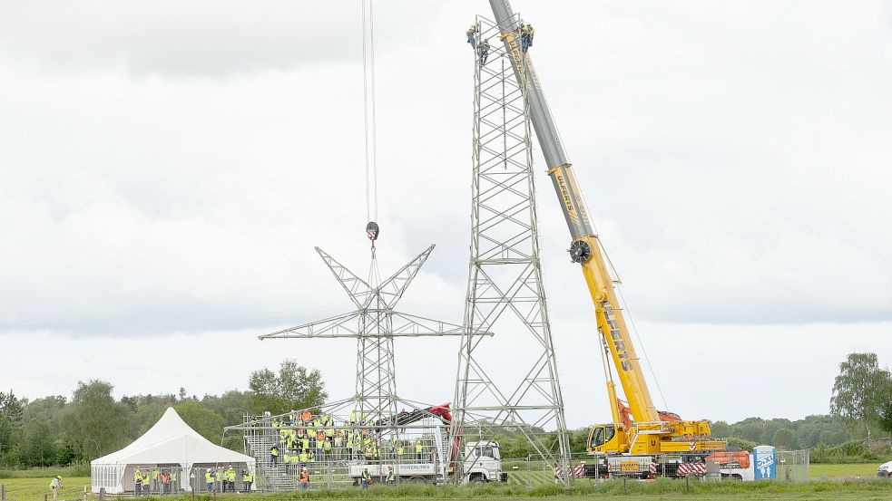 Ein Stahlgittermast der alten 220 KV-Freileitung wurde am Montag bei Bockhorn abgebaut. Foto: Tennet