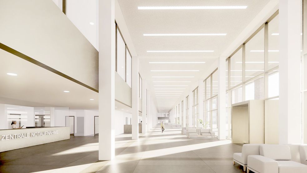 So könnte das Foyer der neuen Zentralklinik in Uthwerdum aussehen. Grafik: Klinik-Trägergesellschaft