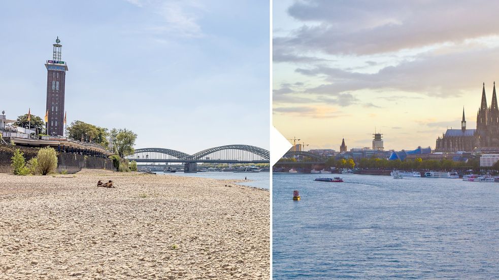 Auch an der Kölner Rheinbrücke macht sich das Niedrigwasser bemerkbar, wie ein Vergleich der Bilder von heute damals zeigt. Foto: imago images/Marc John/Panthermedia
