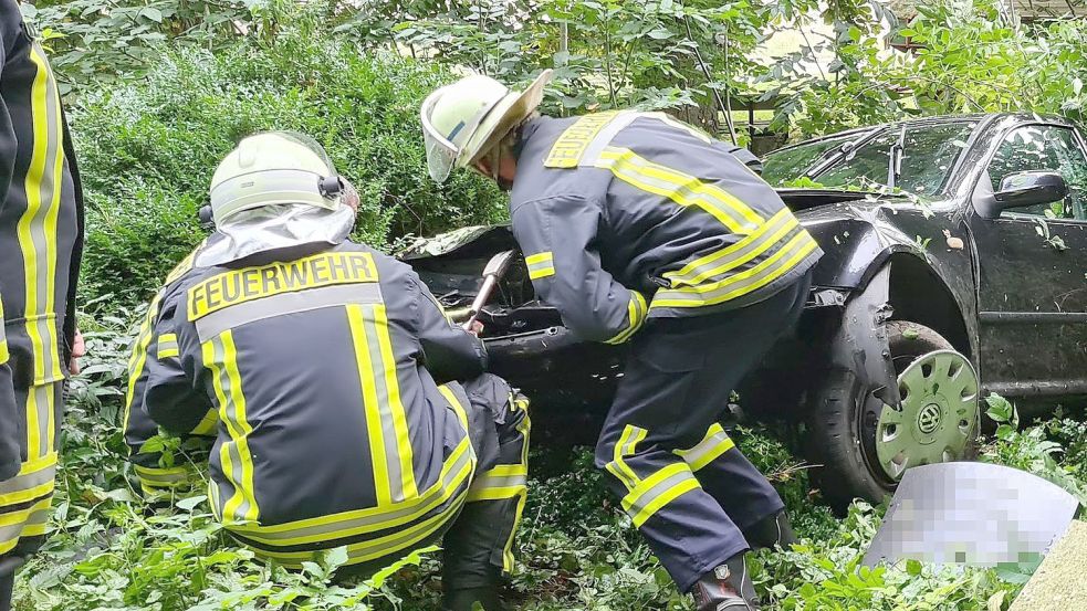Die Feuerwehr musste das Auto aus einem Gebüsch bergen. Foto: Feuerwehr