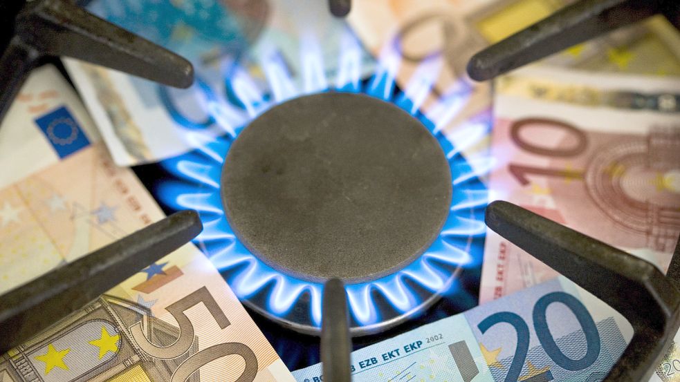 Euro-Geldscheine liegen unter der Gasflamme eines Küchenherdes. Foto: DPA