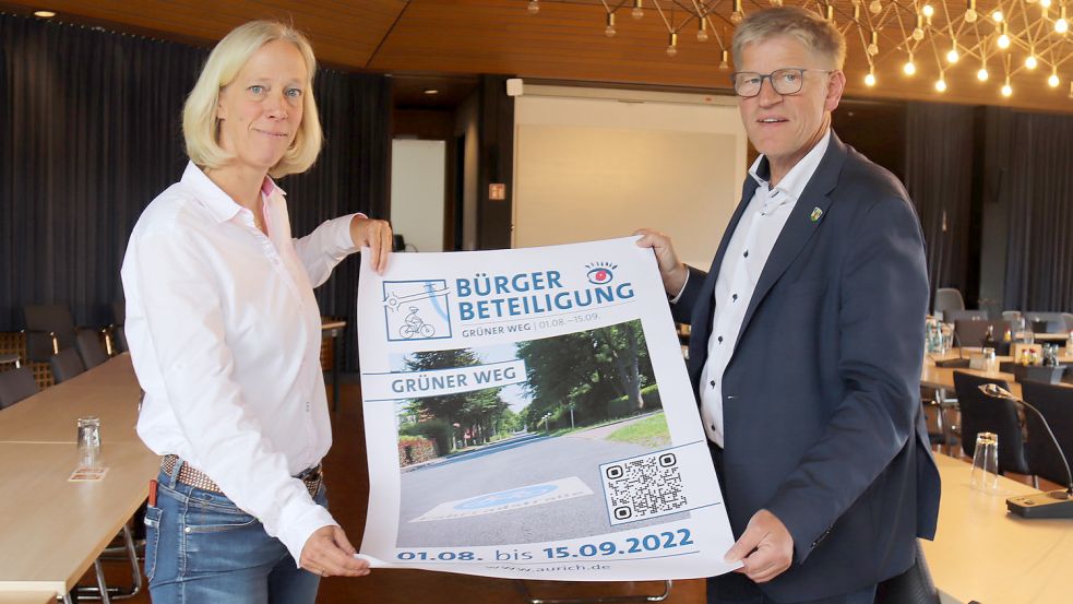 Stadtbaurätin Alexandra Busch-Maaß und Bürgermeister Horst Feddermann hoffen auf eine große Beteiligung an der Umfrage zum Grünen Weg. Foto: Heino Hermanns