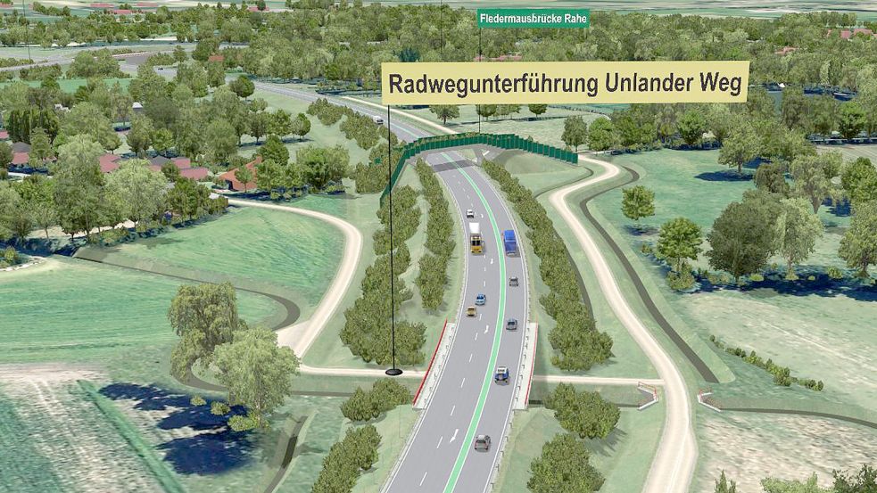 Eine Visualisierung des Abschnitts Rahe der geplanten Auricher Umgehung mit Autobahnzubringer. Foto: Landesstraßenbaubehörde