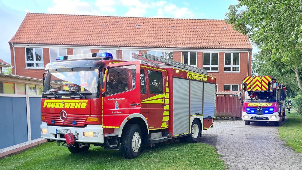 Mit einer Streckleiter holten die Einsatzkräfte den hilflosen Mann vom Flachdach der Schule. Foto: Feuerwehr Norden