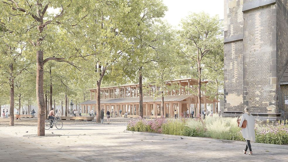 Siegerentwurf für die Neugestaltung des Hopfenmarkts. In der Mitte der Holzbau für das Archäologische Fenster, rechts daneben der Turm der Nikolaikirche. Foto: Duplex Architekten/Treibhaus Landschaftsarchitektur
