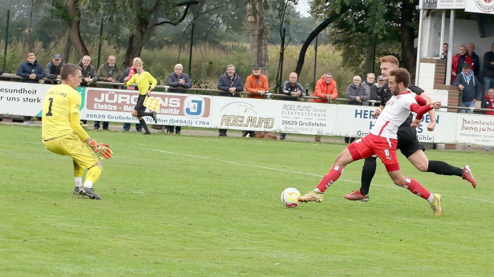 Der Großefehntjer Shawn King (rechts) ist in dieser Szene einen Schritt schneller als sein Bewacher am Ball. Sein Schuss findet den Weg vorbei an SVH-Schlussmann Jan Hellmers (links) ins Tor zur zwischenzeitlichen 2:1-Führung des SVG. Fotos: Wilfried Gronewold