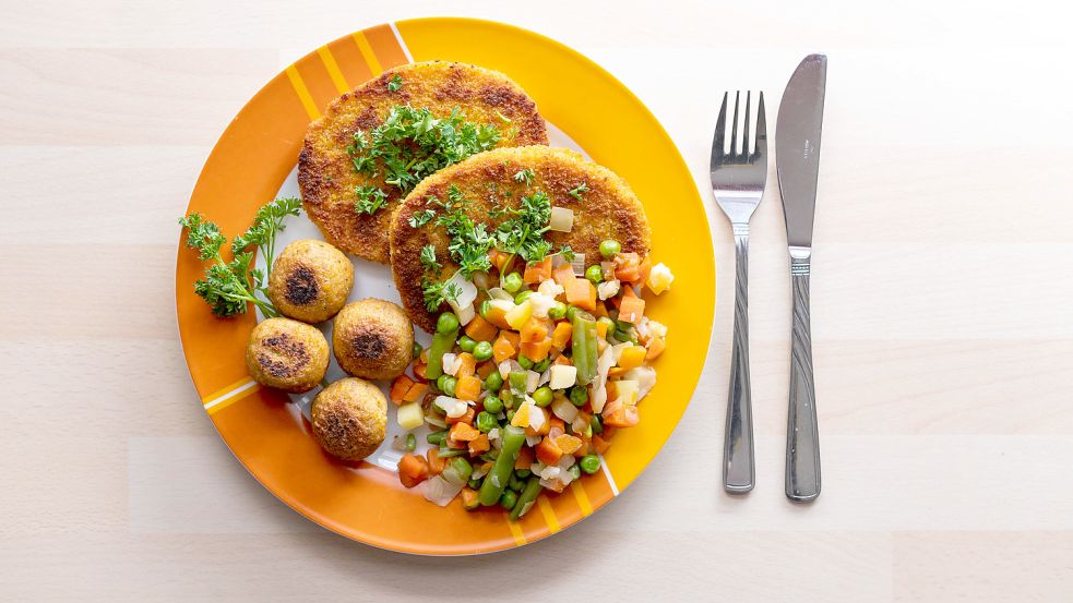 Veganes Schnitzel, Falafel und Gemüse: Löst diese Kombi den Klassiker SchniPoSa (Schnitzel, Pommes und Salat) ab? Foto: dpa/Silas Stein