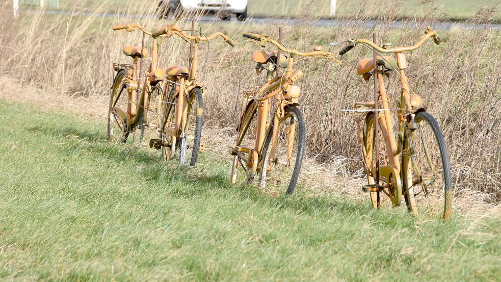 Mit orange lackierten Fahrrädern mahnt der Verein seit mehreren Monaten den Radweglückenschluss an der L 4 an. Foto: Thomas Dirks