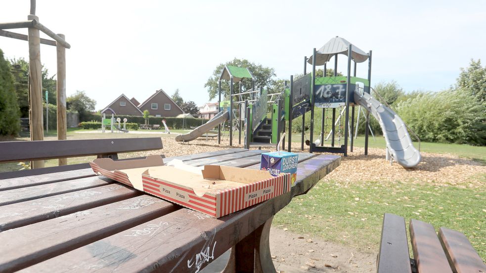 Müll, Unrat und Farbschmierereien: Einladend wirkt der Spielplatz am Schwanenweg derzeit nicht. Auch zu Bedrohungen und Beleidigungen soll es dort gekommen sein. Nun nimmt die Gemeinde die Probleme in Angriff. Foto: Romuald Banik