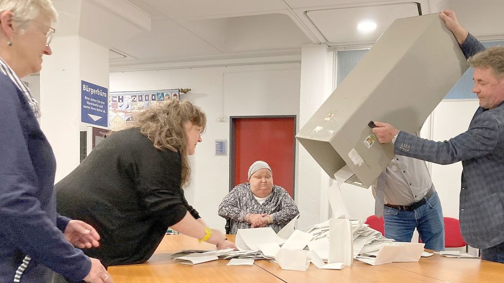 Pünktlich um 18 Uhr wurde im Wahlbüro 1 der Stadt Aurich die Wahlurne geleert. Knapp eine Stunde später lag das Ergebnis vor. Foto: Heino Hermanns