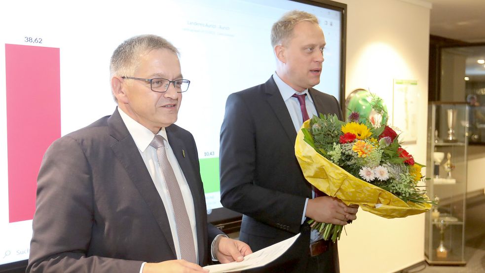 Der Auricher Landrat Olaf Meinen (links) gratuliert Wiard Siebels (SPD) zu seinem Wahlsieg. Foto: Romuald Banik
