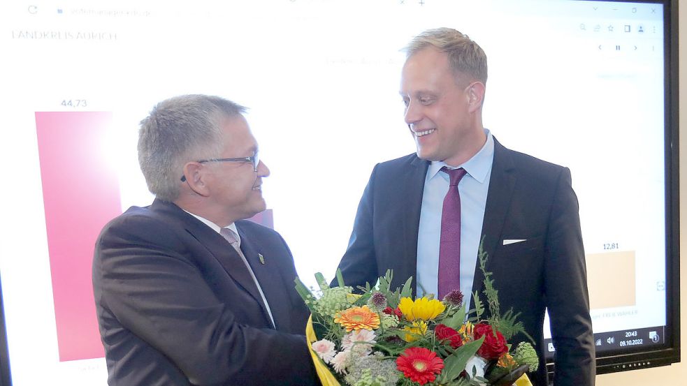 Der Auricher Landrat Olaf Meinen (links) gratuliert Wiard Siebels, dem Sieger im Wahlkreis 86 Aurich. Foto: Romuald Banik