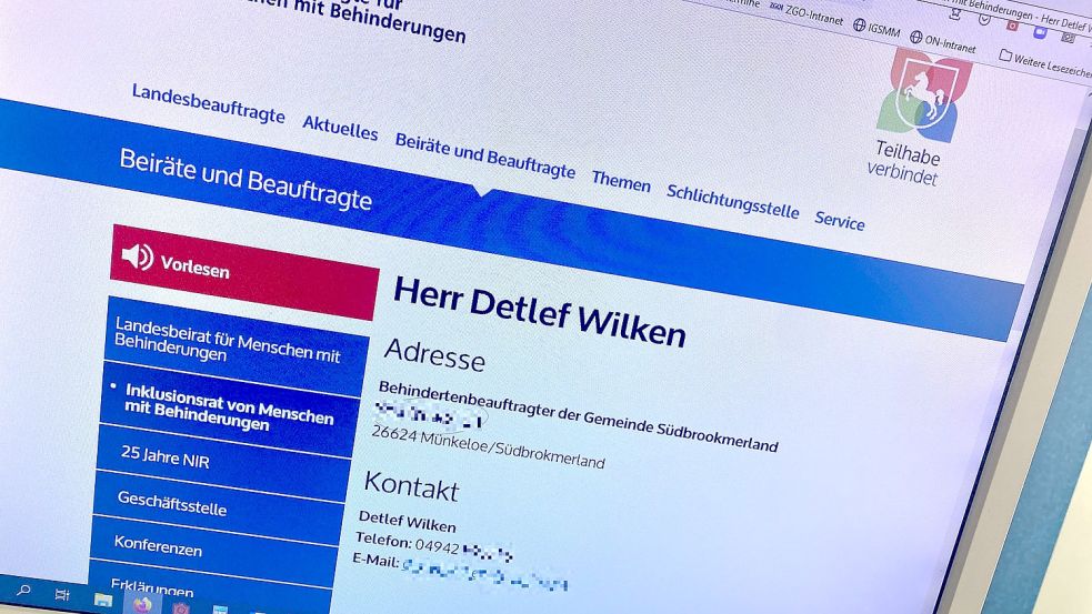 Unter anderem auf der Internetseite des Landes Niedersachsen ist Detlef Wilken als Behindertenbeauftragter für Südbrookmerland angegeben. Foto: Holger Janssen