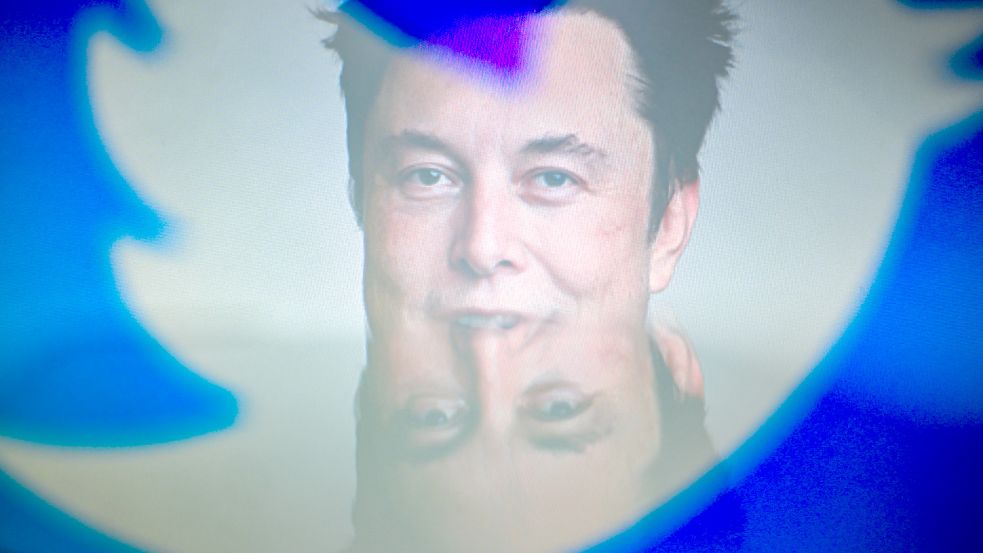 Elon Musk, CEO von Tesla und Space X, hinter den Silhouetten des Twitter-Logos. Foto: DPA