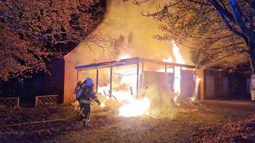 Meterhoch schlugen in der Nacht zu Dienstag Flammen aus einem Carport in Neu-Ekels (Südbrookmerland). Foto: Feuerwehr