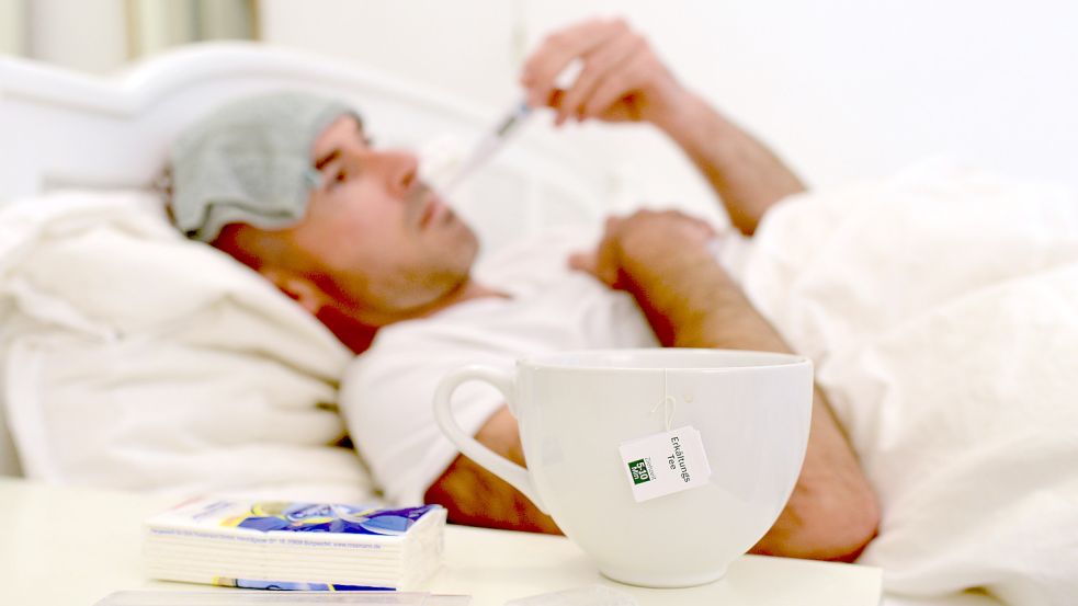 Ein kranker Mann liegt im Bett und misst Fieber. Foto: Andreas Gebert/DPA