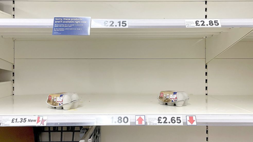Übersichtliches Angebot im Eierregal einer Tesco-Filiale in Ashford. Tesco hat sich anderen Supermärkten angeschlossen und die Anzahl der Eierkartons, die Kunden kaufen können, begrenzt, da die Auswirkungen der steigenden Kosten und der Vogelgrippe weiterhin ihren Tribut fordern. Foto: Gareth Fuller/PA Wire/dpa