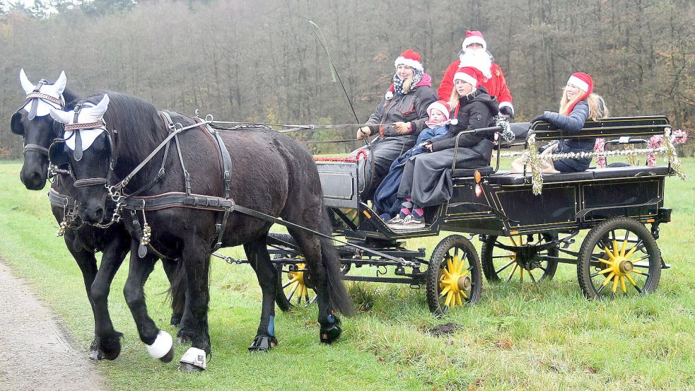 Marion Huismann-Meenken vom Reiterhof Huismann war im Ihlower Wald mit ihrer Familie unterwegs, um ein wenig zur weihnachtlichen Stimmung beizutragen. Foto: Gerd-Arnold Ubben