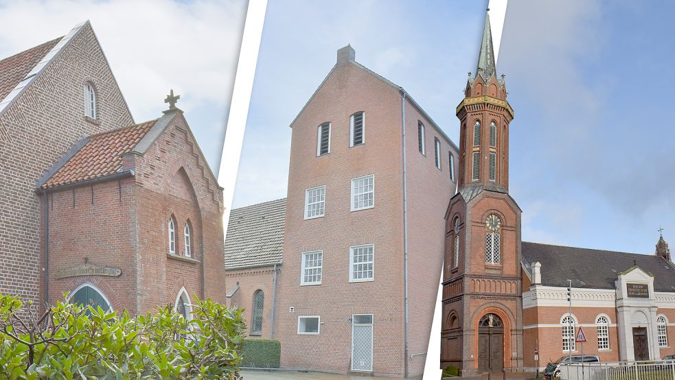 Die Kirchengemeinden Rhaude (von links), Langholt und Westrhauderfehn wollen 2024 fusionieren. Fotos: Zein/Montage: Schüür