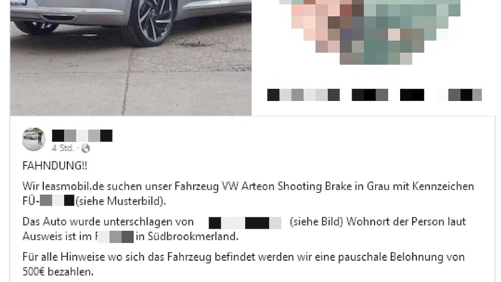 Mit diesem Aufruf bat die Firma um Mithilfe bei der Suche nach dem Wagen. Das Foto und persönliche Daten haben die ON für die Berichterstattung unkenntlich gemacht. Foto: Holger Janssen