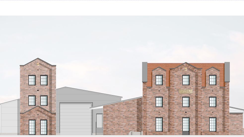 Die Nordwest-Ansicht des neuen Quartiers am alten Kornspeicher. Der neu geschaffene Komplex soll den Stil eines Speichergebäudes tragen. Grafik: Architekten Boyer & Bröckerhoff