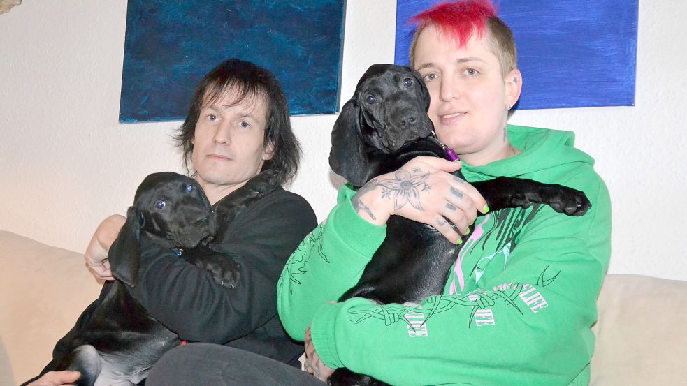 Lena Mauck sitzt mit ihrem Freund Frank Pahlke auf der Couch in ihrer Wohnung in Hage. Auch wegen ihrer Labradorwelpen Dino und Spassy wurden sie bereits als Mieter abgelehnt. Foto: Franziska Otto