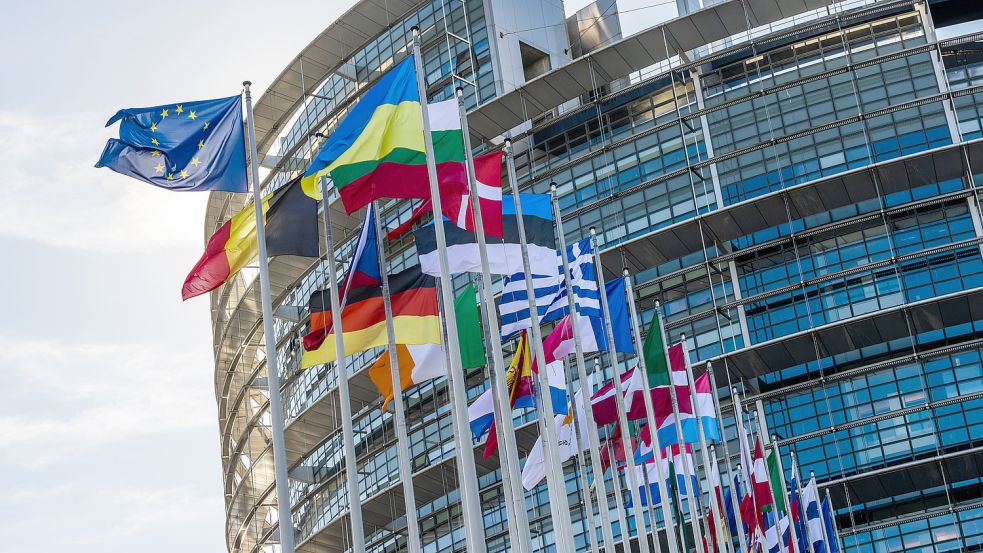 Solidaritätsbekundung: die ukrainische Flagge vor dem EU-Parlament inmitten der Fahnen der 27 Mitgliedsstaaten. Foto: picture alliance/dpa/Philipp von Ditfurth