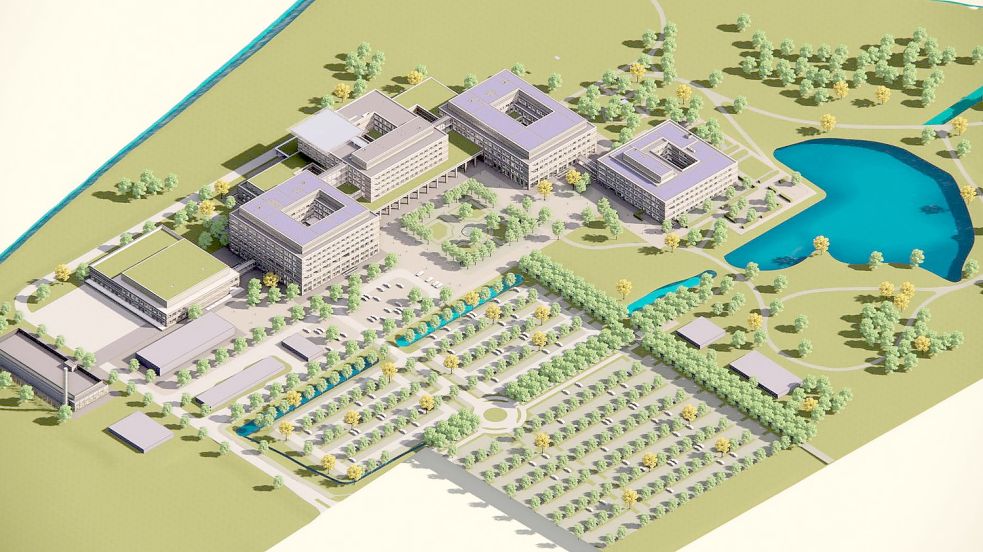 So soll die Zentralklinik an der Bundesstraße 72/210 in Uthwerdum (Südbrookmerland) aussehen. Grafik: Trägergesellschaft Kliniken Aurich-Emden-Norden