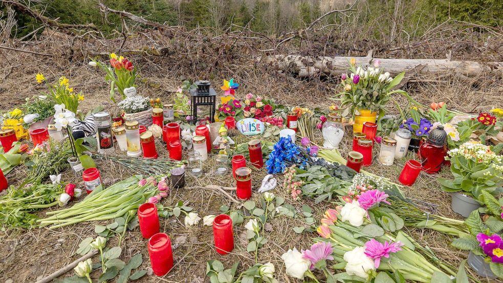Mit Kerzen, Blumen und einige Kuscheltiere nehmen die Menschen in Freudenberg Abschied von der zwölfjährigen Luise. Foto: Christoph Reichwein/dpa