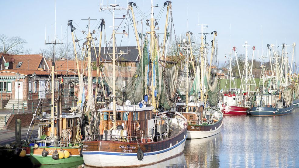 Krabbenkutter liegen im Dezember 2021 an einer Kaimauer im historischen Hafen von Greetsiel. Foto: DPA