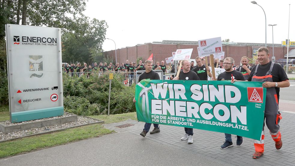 Im August 2018 demonstrierten Mitarbeiter einer Enercon-Servicefirma und IG Metall am Dreekamp. Foto: Romuald Banik