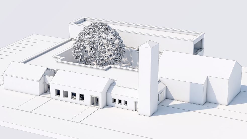 An die bestehenden Gebäude der Gedenkstätte Gnadenkirche Tidofeld (vorne und rechts im Bild) sollen sich neue Gebäudeteile rund um eine Linde anschließen. So soll ein Innenhof entstehen. Visualisierung: Kremer und Kremer Architektur GmbH