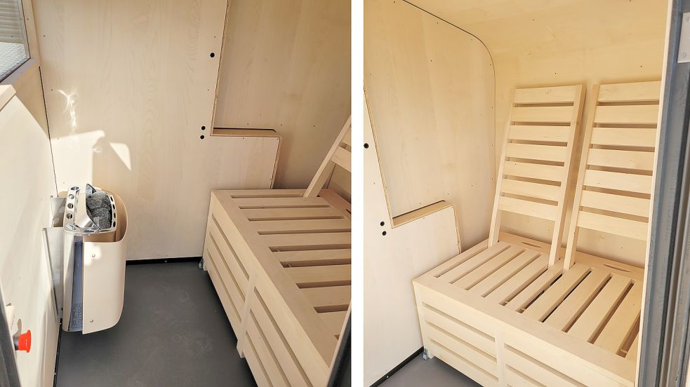 So sieht die Strandkorbsauna von innen aus. Der Saunaofen schafft bis zu 90 Grad. Fotos: Rebecca Kresse