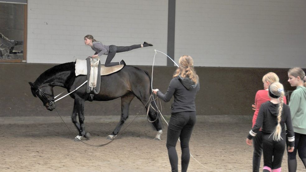 Beim Voltigieren achtet Trainerin Johanna Gronewold auf die Haltung ihrer Schüler auf „Fräulein Käthe“. Foto: Kim Hüsing
