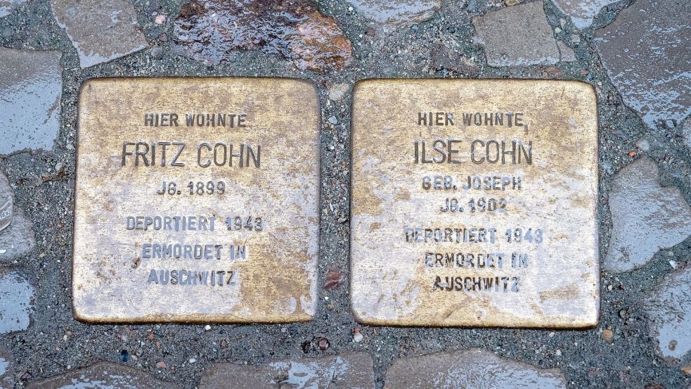 Stolpersteine mit den Namen Fritz Cohn und Ilse Cohn, verlegt in Stralsund. Foto: Stefan Sauer/dpa