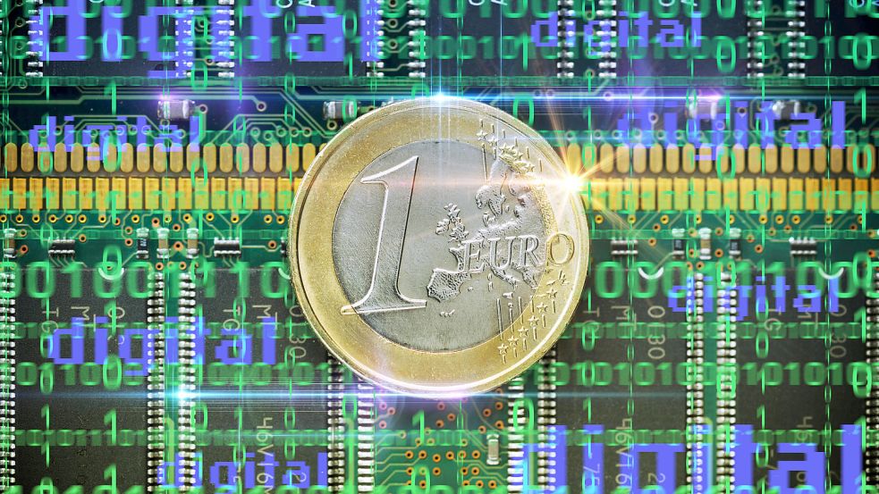 Fotomontage des digitalen Euros. Die Europäische Zentralbank will die elektronische Währung im EU-Raum einführen. Foto: Imago Images/Christian Ohde