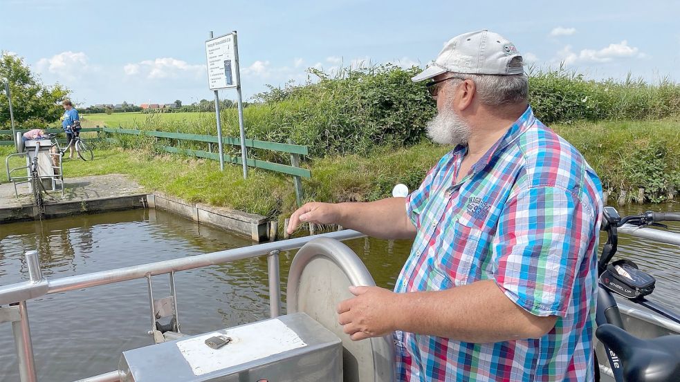 Radfahrer setzen mit einer Pünte am Großen Meer über. Foto: Holger Janssen