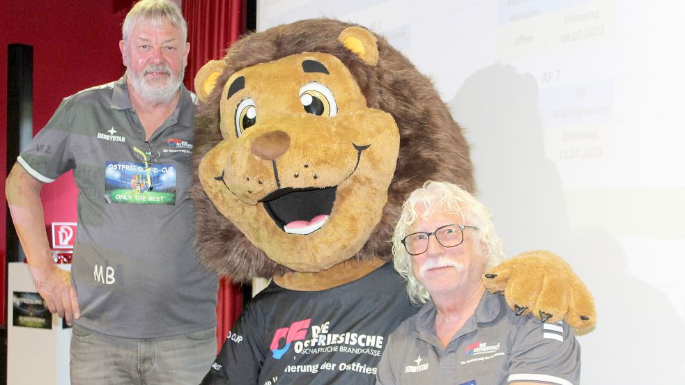 Die Macher des Ostfriesland-Cups Manfred Bloem (links) und Ewald Adden freuen sich auf die zukünftigen Auftritte des Maskottchens Sammy bei den Spielen des Fußballturniers. Fotos: Wolf-Rüdiger Saathoff