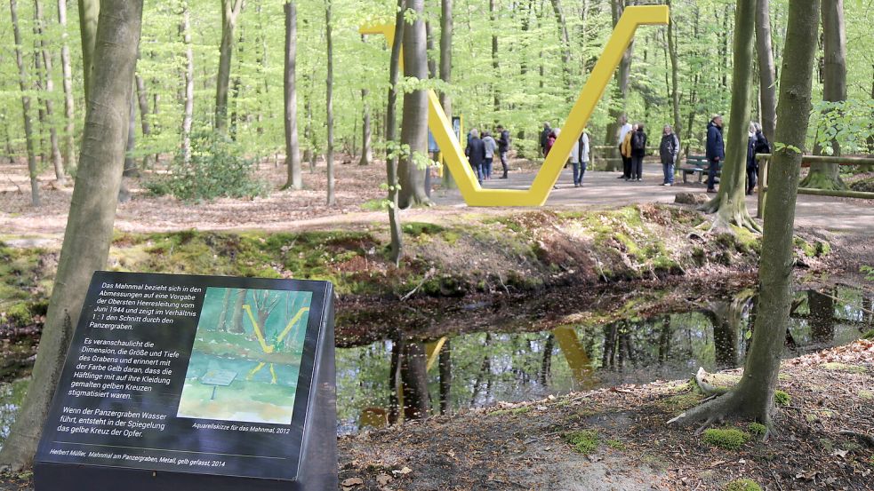 Vor neun Jahren wurde dort, wo KZ-Häftlinge unter mörderischen Bedingungen einen Panzergraben im Sandhorster Wald ausheben mussten, ein Mahnmal errichtet. Dieses wurde nun durch zusätzliche Infotafeln und Hinweisschilder erweitert. Foto: Karin Böhmer