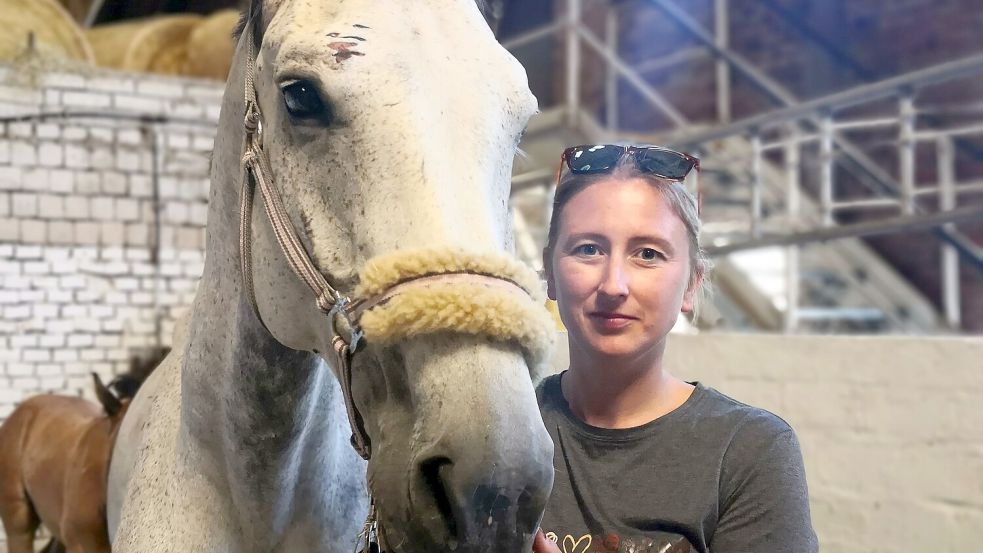 Während die Stute Medusa mit schweren Verletzungen in der Klinik ist, kümmert sich Katharina Jaeckel in Suurhusen um ihre anderen Pferde, beispielsweise um Glamour Girl, die Kratzer an der Stirn abbekommen hat. Foto: Karin Böhmer