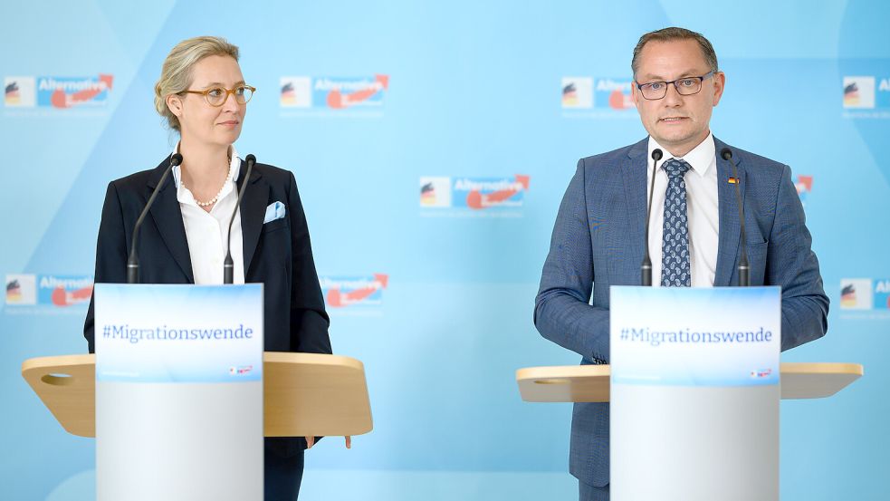 Alice Weidel und Tino Chrupalla, Vorsitzende der AfD-Bundestagsfraktion, weisen den Vorstoß zurück, ihre Partei gehöre verboten. Foto: dpa
