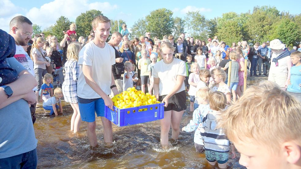 Ein spannender Moment: Die Enten warten in ihren Boxen auf den Start zum Enten-Rennen. Foto: Gerd-Arnold Ubben