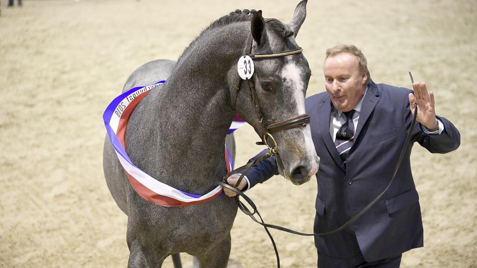 Manfred von Allwörden mit einem seiner Pferde 2019 in den Holstenhallen in Neumünster bei einer Siegerehrung. Foto: IMAGO IMAGES/Holsteinoffice