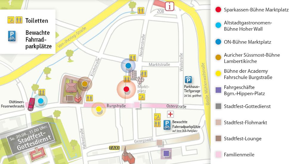 Vier Bühnen und einen DJ-Turm wird es in diesem Jahr auf dem Auricher Stadtfest geben. Grafik: Stadt Aurich