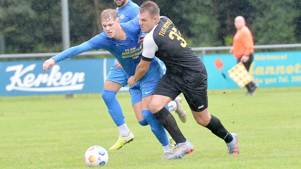 TuS-Spieler Henning Corell (rechts) im Duell mit seinem Leeraner Gegenspieler. Foto: Bernd Wolfenberg