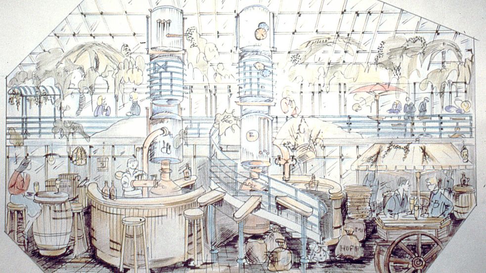 Das Bild der Planer: Die Idee zum Brauhaus entwickelt Aurichs damaliger Stadtarchitekt Gerd Seele, der sich ein buntes, gastronomisches Treiben ausmalt. Foto: Archiv ON