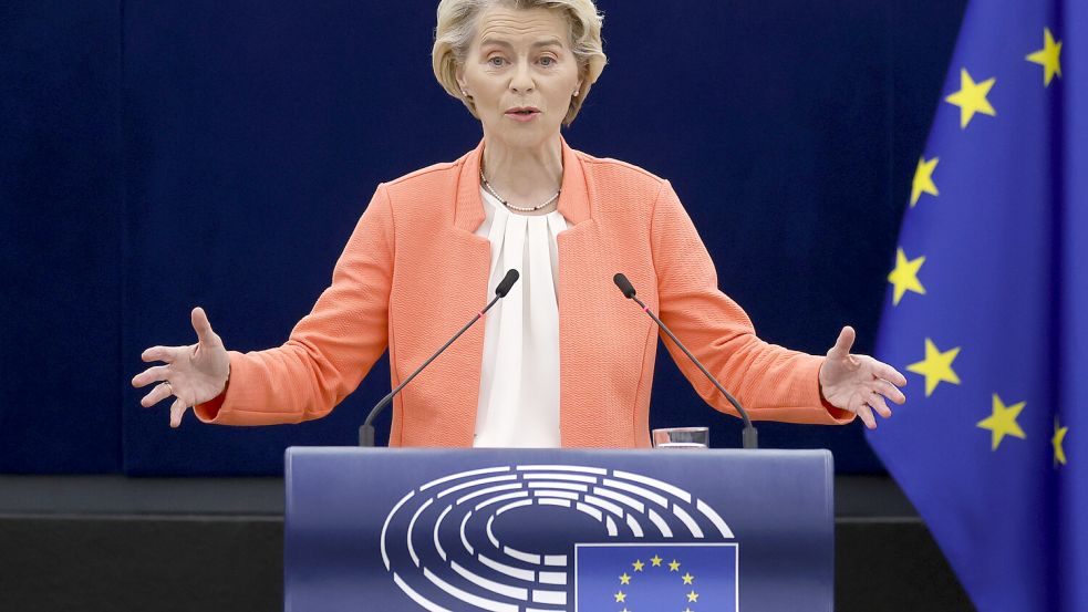 Ursula von der Leyen, Präsidentin der Europäischen Kommission, hält im Europäischen Parlament eine Rede über den Stand der Europäischen Union und ihre Pläne und Strategien für die Zukunft. Foto: dpa/AP/Jean-Francois Badias