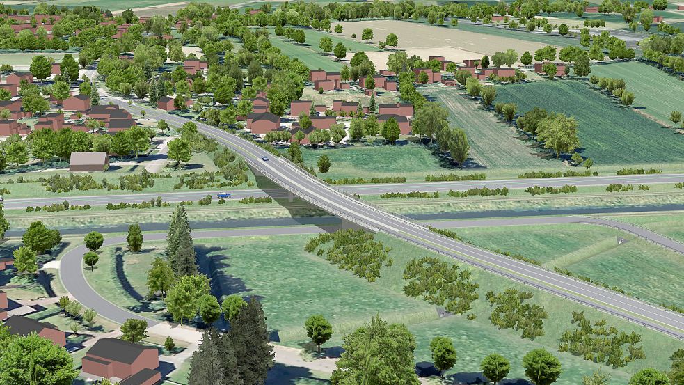 Im Computermodell fahren schon Autos auf der geplanten Auricher Ortsumgehung B 210n. Grafik: Landesstraßenbaubehörde