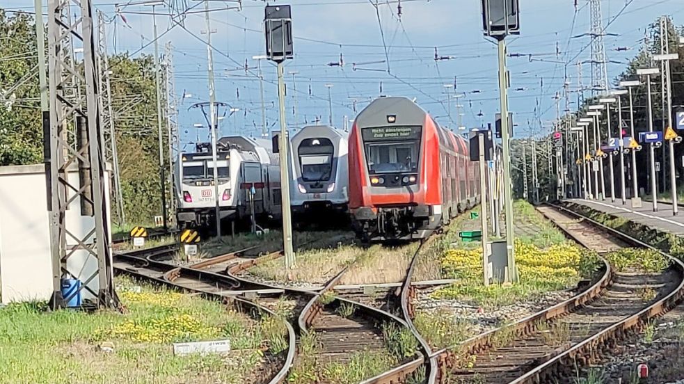 Gleich drei Züge stehen in Norddeich. Künftig werden mehr ICEs den Bahnhof Norddeich Mole ansteuern als bisher. Auf der Strecke Köln-Emden/Norddeich Mole wird es tägliche ICE-Verbindungen geben. Foto: Rebecca Kresse