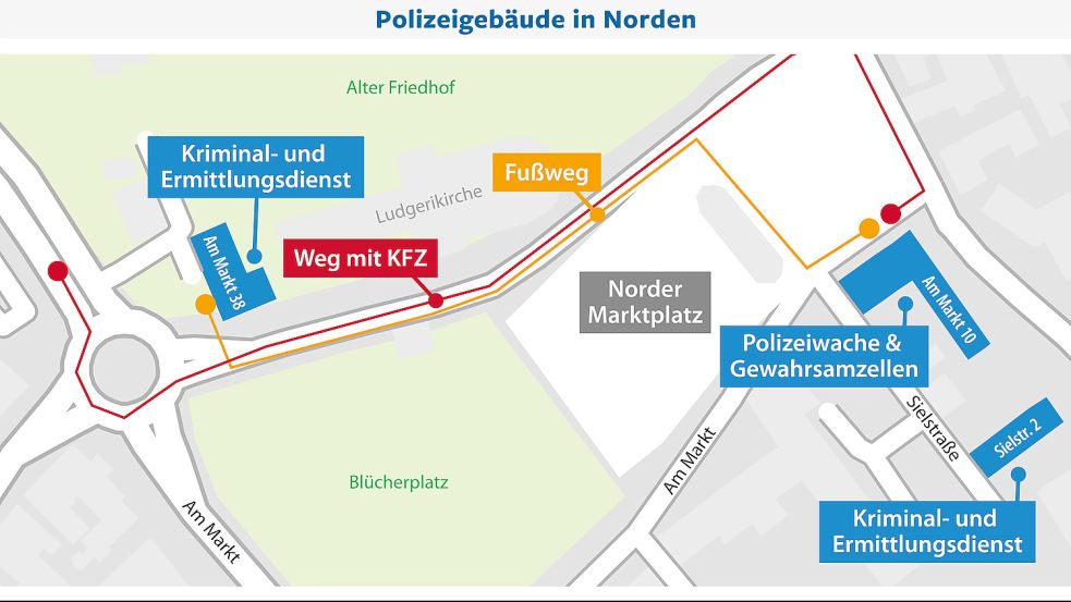 Die Standorte der Polizeigebäude in Norden.